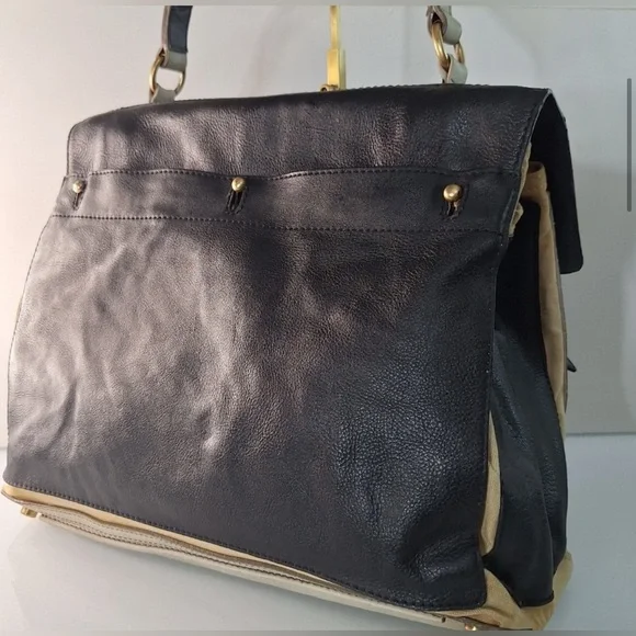 YSL Yves Saint Laurent Muse II Shoulder Bag Black & Tan Canvas Leather Satchel - Picture 6 of 13